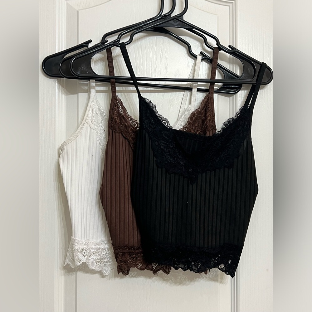 Fairy-core/ Cottage- core Tanks (3 pack), White/Brown/Black, Lace Cami top, y2k